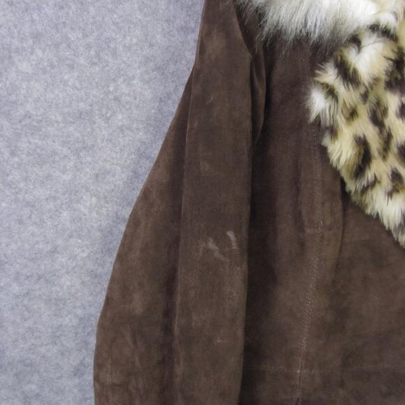 Guess Jacket Womens Large Brown Faux Suede Leopard Faux Fur Trim Coat Winter - Picture 7 of 9